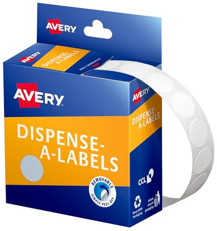 Avery Runde Spenderetiketten - Abnehmbare Preisaufkleber - Identifikationsetiketten - Bürobedarf - Weiß, 14 mm, 1200 Etiketten/1 Rolle (937200)