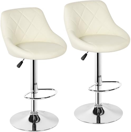 Bar Stools Set of 2, Height Adjustable Leather Breakfast Bar Chairs, White | Upholstery, 360° Swivel, Barstools w/Backrest and Metal Footrest, for Home Kitchen, Dining, Restaurant