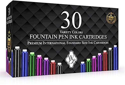 Wordsworth & Black 30 Pack - Cartuchos de tinta para pluma estilográfica - Variedad de colores - Tamaño estándar internacional - Longitud aprox. 5,2cm - Diámetro de la base aprox. 0,6cm - Desechable