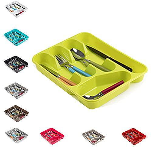 plastific Large CUTLERY TRAY Flatware Organiser Strong Plastic Drawer Sliding Tidy Rack Holder Drawer Insert Tidy Storage, 33.5 x 26.5 x 4.5 cm - Solid Base, Green