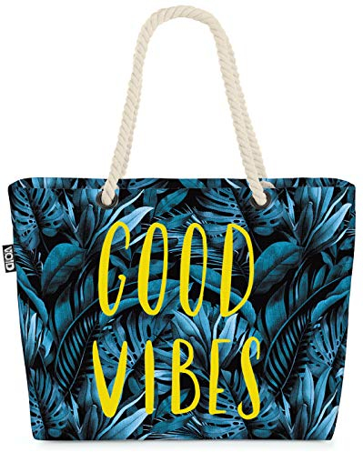 VOID XXL Strandtasche Good Vibes Palmen Shopper Tasche 58x38x16cm 23L Beach Bag Tropen Blätter Urwald, Kissen Farbe:Blau