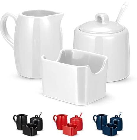 KooK Set di 3 zuccheriere e lattiera, brocca, zuccheriera con coperchio e cucchiaio, porta dolcificante (bianco)