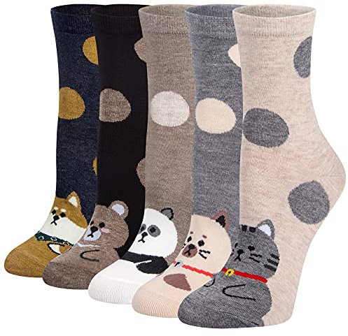 Chalier Cozy 5 Paar Damen Socken Tiere Lustige Bunte Baumwolle mit Süße Katze Socken Geschenk für Damen Einheitsgröße,Rot