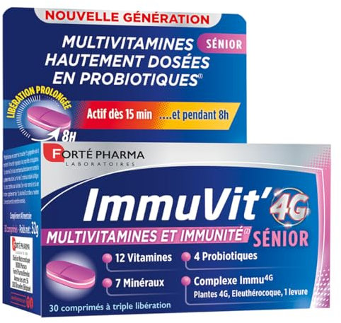 Forté Pharma - Immuvit'4G Sénior | Complément Alimentaire Vitalité et Immunité - 12 vitamines, 7 minéraux et 4 Ferments - Renforcé en Myrtille et Luthéine | 30 comprimés Tri-couches