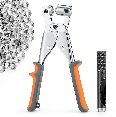 Ecraft Kit di utensili per occhielli con pinza: 10 mm con 500 occhielli argentati, punzonatrice, pinza, perforatrice, pinza, pinza, set di pinze per fori per striscioni, macchina per tessuti e carta