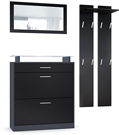 Vladon Garderoben-Set Loret Mini, Schuhschrank 89 x 104 x 23 cm für bis zu 16 Paar Schuhe inkl. Spiegel, 2 Wandpaneele und LED-Beleuchtung in Weiß, Anthrazit matt & Schwarz matt