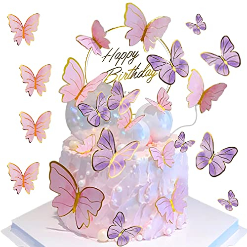 Schmetterlinge Tortendeko Geburtstag, 21 Stück Schmetterlinge Kuchen Deko,Happy Birthday Deko Dekoration, Deko Torte Mädchen, Cupcake Topper, Hochzeit