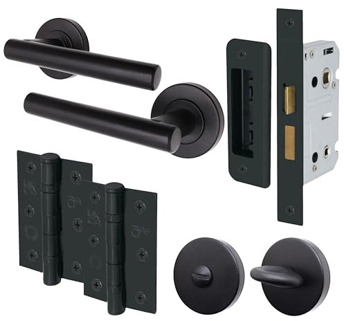 EAI Black Bathroom Door Handle Set | Round T-Bar Internal Door Handles, Thumb Turn & Release Set, Lock (80mm case) & Hinges (76mm) | Matt Black Oliena Range