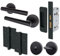 EAI Black Bathroom Door Handle Set | Round T-Bar Internal Door Handles, Thumb Turn & Release Set, Lock (80mm case) & Hinges (76mm) | Matt Black Oliena Range