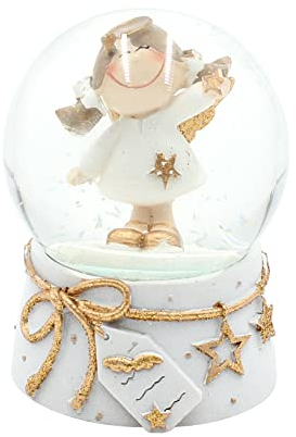 Dekohelden24 Schneekugel/Schüttelkugel Engel und Stern in der Hand, weiß/goldenem Sockel, Größe L/B/H ca. 8 x 6,5 x 8 cm, Ø Kugel 6 cm