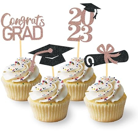 24 Stück Glitzer 2025 Graduation Cupcake Toppers, Abschlussfeier Cupcake toppers, Bachelor Hut Deko, Abschluss Deko für Graduation Abschlussparty Dekoration (schwarz & rosegold)