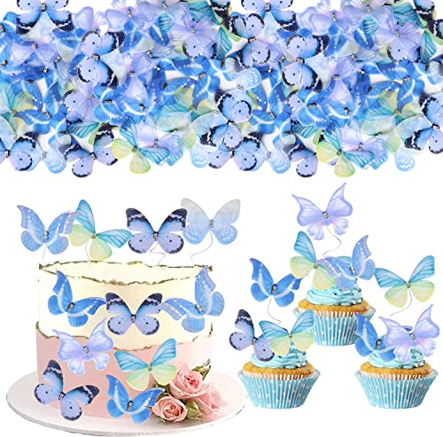 30 Stück 3D Schmetterling Cupcake Toppers mit Kristall Doppelt Lagen Kunst Butterfly Tortendeko Geburtstag Torten Deko für Baby Dusche Hochzeit Fee Geburtstag Party Kuchen Dekorationen Gemischte Blau
