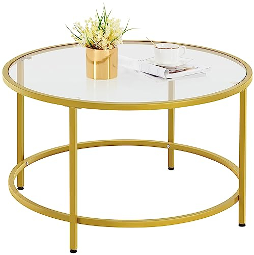 Yaheetech Round Coffee Table, Tempered Glass Living Room Table with Protective Foot Pads & Metal Structure for Living Room, Mustard Gold