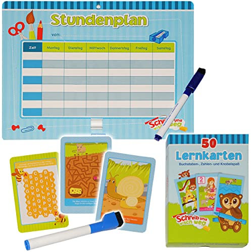 alles-meine.de GmbH Set: Stundenplan + Wisch & Weg - Lernkarten Spiel - Buchstaben ABC & Zahlen Lernen & schreiben + Knobeln - mit Folienstift + Schwamm - Schreibset zum Besc..