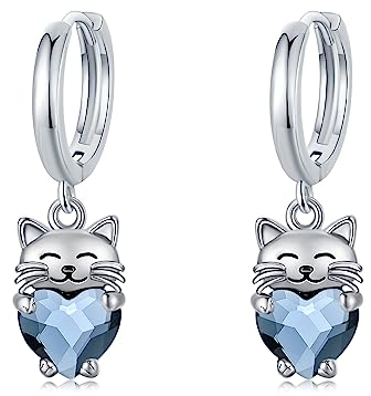 Katze Ohrringe für Mädchen 925 Sterling Silber Katze Tropfen Hängend Creolen Ohrringe mit Blauem Kristall Hypoallergene Katze Geschenke Schmuck für Frauen