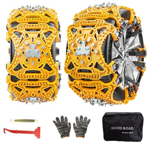 GOHHME Schneeketten, 6 Stück Universal Auto Reifen Ketten, neues, einsetzbares, rutschfestes, rutschfeste Notfall-Schneereifenketten aus Edelstahl, verstellbare für LKW, SUV, Auto165-275 mm(Gelb)