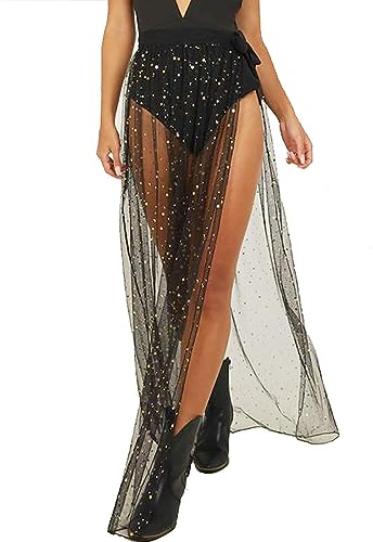 Vatocu Transparenter Mesh Maxirock Durchsichtiger Schlitzrock Transparente Röcke mit Pailletten Elastischer Strandrock mit hoher Taille