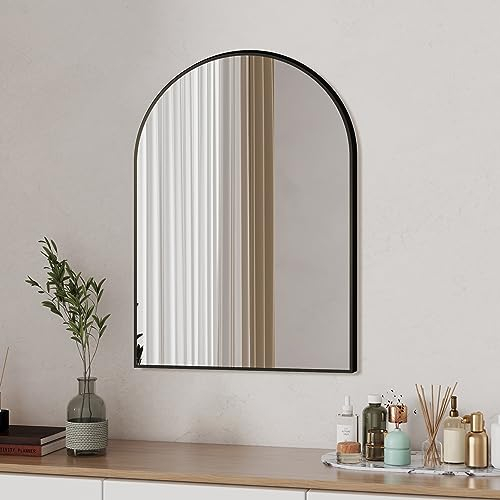Boromal Spiegel Schwarz 50x70cm Bogen Wandspiegel mit Metallrahmen Badspiegel Schwarz Schminkspiegel HD Wandspiegel Schwarz Dekorative Spiegel für Badezimmer, Waschräume, Schlafzimmer