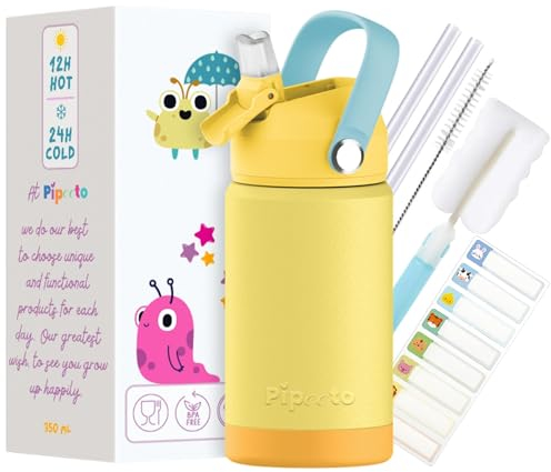 PIPEETO Botella Infantil Termica 350 ml, Amarilla|Botella de Agua para Niños a Prueba de Fugas con Pajita y Asa|Botella Ecológica de Acero Inoxidable de Doble Pared,Cepillo de Limpieza y Pegatinas