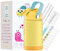 PIPEETO Botella Infantil Termica 350 ml, Amarilla|Botella de Agua para Niños a Prueba de Fugas con Pajita y Asa|Botella Ecológica de Acero Inoxidable de Doble Pared,Cepillo de Limpieza y Pegatinas
