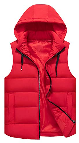 FWSHANGMAO Men'S Gilet With Hood Winter Windproof Body Warmer Jacket Pure Color Hooded Quilted Vest Sports Waistcoat Regular Fit For Camping,Travelling,Hiking,Red,Xxl