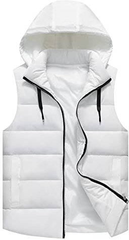 FWSHANGMAO Men'S Gilet With Hood Winter Windproof Body Warmer Jacket Pure Color Hooded Quilted Vest Sports Waistcoat Regular Fit For Camping,Travelling,Hiking,White,M