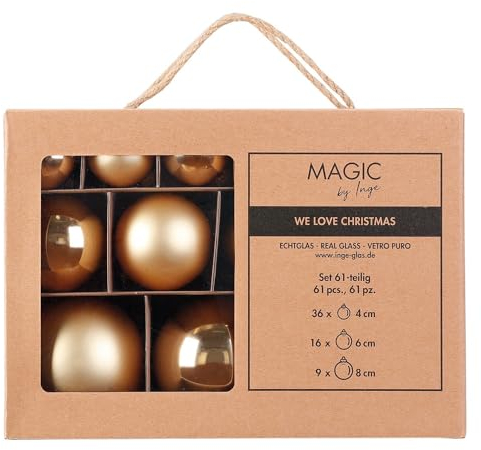 Inge Glas Weihnachtskugeln | Große Kugelbox mit 61 Kugeln | 4cm 6cm & 8cm große Christbaumkugeln (Inkagold | Gold)