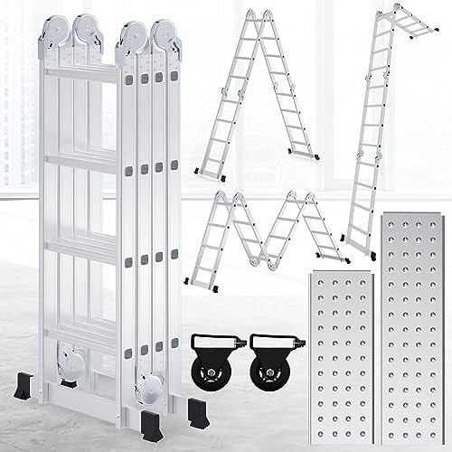 Cecaylie Mehrzweckleiter 4x4 Stufen, 4,70M Alu Multifunktionsleiter mit Plattform und Rollen, 7 in 1 Vielzweckleiter Klappleiter 16 Sprossen bis 150 kg