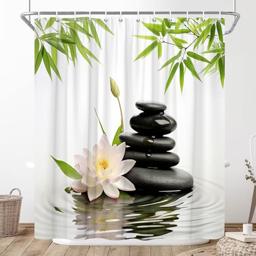 XHCEOH Rideau de douche en bambou avec motif lotus zen et feuilles vertes - Style rustique - Avec crochets - 177 x 178 cm