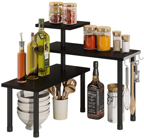 BMOSU Küchen-Eckregal, Arbeitsplatten-Organizer mit Haken, verstellbar, Gewürzregal, Eckregal, Schrank, Thekenregale (schwarz)