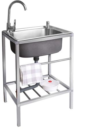 Fregadero Portatil Camping,Fregadero de Cocina Comercial con Banco de Trabajo, Fregadero de Acero Inoxidable Independiente Con Agua Fria y Caliente Grifo,para Garaje, Jardín, Cocina, Lavadero (Size :