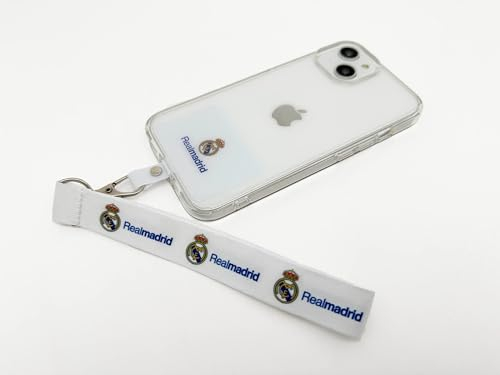 Real Madrid F.C. Armband für Smartphone, Wappen und Clubfarben, aus 100% Polyester, sicherer Halt, Karabinerverschluss, offizielles Produkt des Teams