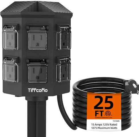 TiFFCOFiO Outdoor Power Strip Weatherproof, 25 FT Extension Cord with Stake, 6 Grounded Outlets for Yard, Pool and Garden Decorations, 15A/1875W, ETL Listed