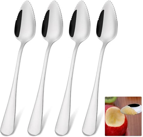 Molain Grapefruitlöffel, Silber Kiwi Spoon aus Edelstahl, Löffel Mit Zacken Babynahrungsergänzung Fruchtlöffel Dessertlöffel Spülmaschinengeeignet Für Kiwi Äpfel Grapefruits(Stil A-4pcs)
