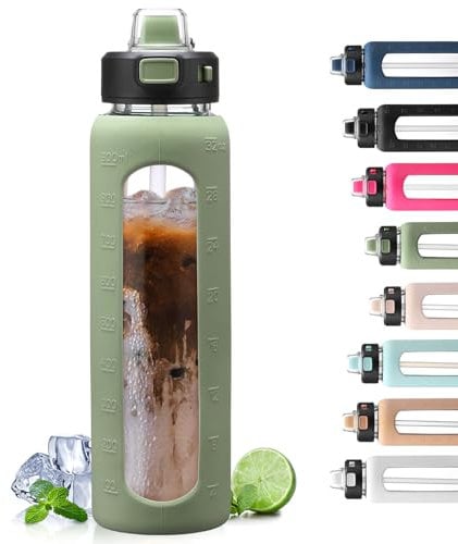 BLUEGO 900ml Glass Water Bottle with Handle and Straw Drinking Hydration Bottle with Silicone Sleeve and Time Marking Motivational Water Bottle for Gym Sports Outdoor Leak-proof,Oliver