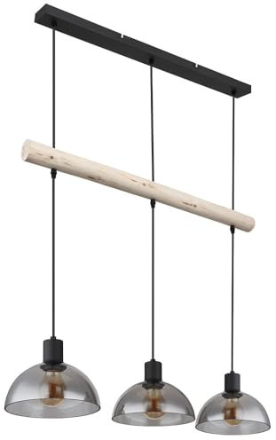 Pendelleuchte 3 flammig Hängelampe Esstisch Holzlampe Glas Wohnzimmerlampe zum verstellen, Metall, schwarz braun, 3x E27 Fassungen, LxBxH 80x20x120 cm