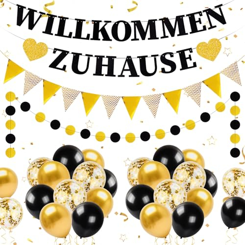 YSUVIN Willkommen Zuhause Deko, 1 Willkommen Zuhause Banner, 1 Runde Kette Banner, 1 Triangular Flag Banner, 20 Luftballons für Hochzeit Einweihungsparty, Schwarz+Gold