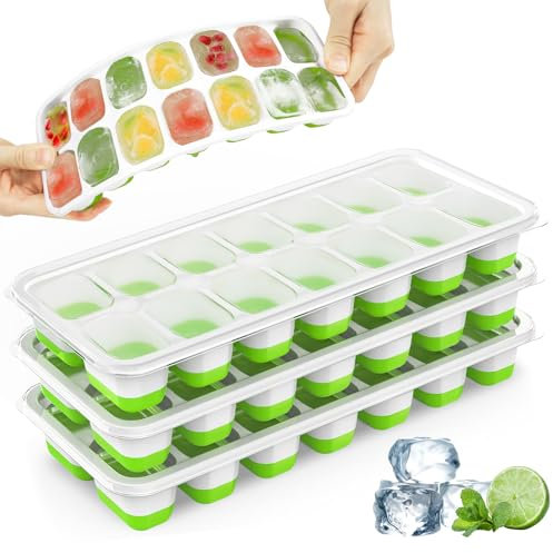 Ice Cube Trays, 4 Pack Durable Stackable Ice Trays for Freezer with Spill-Resistant & Removable Lids, LFGB Certified and BPA Free, Easy-Release 56 pcs Silicone Ice Maker for Cocktail, Coffee, Beer