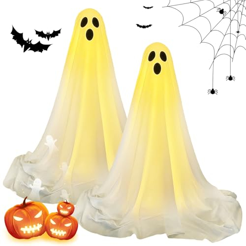 HUIKUANGEU Gruselige Halloween-Dekoration, 2 Stücke Beleuchtete Weiße Geister Mit Led, für Vorgarten, Terrasse, Rasen, Garten und Partydekor