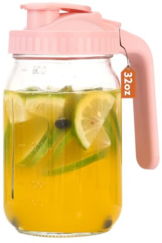 Mihlapi Carafe Mason avec couvercle et bec verseur, carafe à lait en verre épais pour lait, carafe à thé solaire, récipient à boissons, couvercle à bec verseur large pour réfrigérateur (1 pièce, rose)