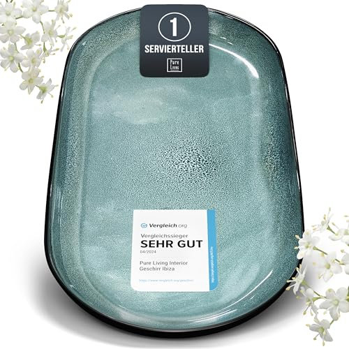 Steingut Servier Teller Groß Ibiza TESTSIEGER, Hochwertige Mediterrane Steingut Servierplatte, Serving Plate Oval, Servierteller Groß - Pure Living in Petrol