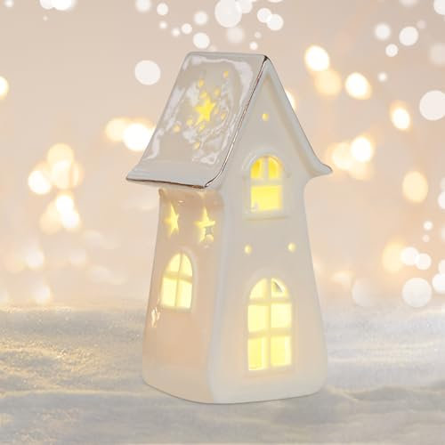 Weihnachtsdeko Led Lichthäuser Weisse Häuser Teelichthalter Weihnachtsdorf,Lichthaus Weiss Deko Häuser,Weihnachtshaus Beleuchtet Keramik Weiß Windlicht Haus Weihnachtshäuser Weihnachten Deko (01)