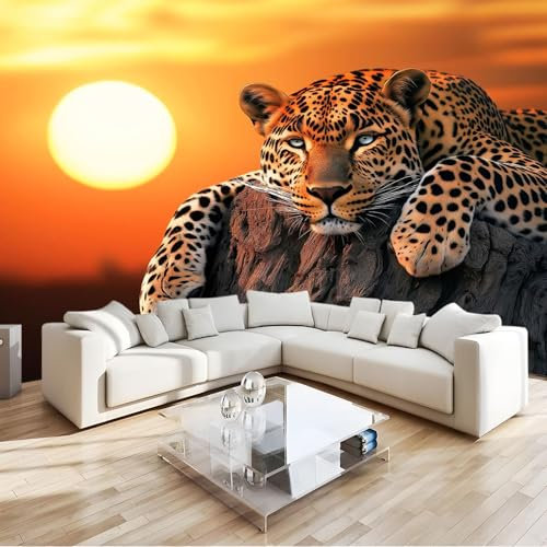 Fototapete Fotografie Sonnenuntergang Leopard 150 x 105 cm Vlies Tapeten Wandtapete XXL Moderne Wanddeko Design Wand Dekoration Schlafzimmer Büro Gaming Room Wandtapete