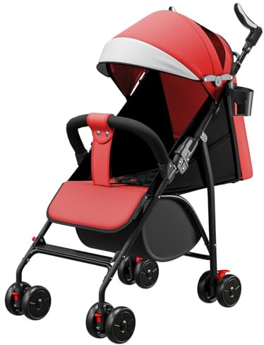 Kinderwagen für Babys, ultraleicht, kompakt, faltbar und neigbar, von Geburt bis 25 kg, mit Trolley-System, Regenschutz inklusive, ausziehbarem Haube, Rot