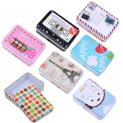 YCHYAN 7 Stück Metalldosen Klein mit Deckel, Rechteckige Blechdose mit Deckel, Cartoon Bedruckte Metalldose, Mini Metall Bonbondose Bunt, Ideal für die Aufbewahrung Kleiner Gegenstände