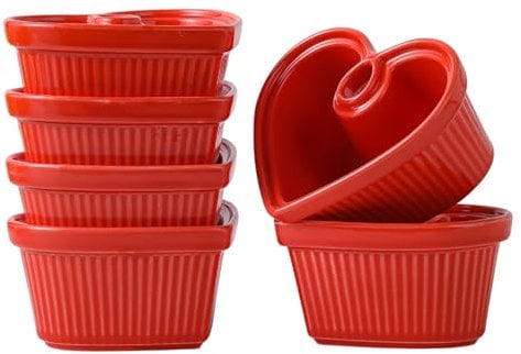 6PCS 8OZ Heart Shape Ramekins Ceramic Bowls, Ceramic Ramekins for Souffle, Dessert, Snacks, Brulee, Sauces, Modern Design Dishes Gift, Kitchen Supplies for Oven & Dishwasher Safe (Orange Red)