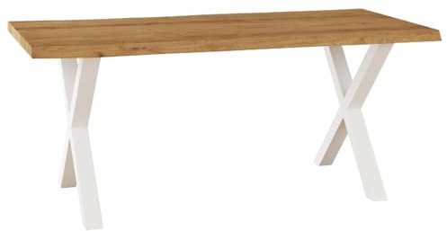 Liadomo Esstisch 200x100 Diala Natur, Baumkantentisch, natürliche Baumkante, Akazie Massivholz Tisch, 35 mm Tischplatte lackiert, Robust & Pflegeleicht, X-Gestell Metall weiß