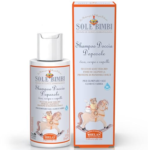 Helan, Sole Bimbi - Soothing Moisturising After-Sun Body, Face and Hair Shampoo, After-Sun Restructuring Shower Gel with Sweet Almond Protein, Aloe Vera and Calendula, 150 ml