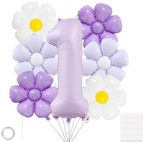 Affivia Luftballon 1. Geburtstag Mädchen Deko, Geburtstagsdeko 1 Jahr mit 40 Zoll Folienballon 1, Gänseblümchen Luftballon,Gänseblümchen Deko 1. Geburtstag Mädchen,Erster Geburtstags Dekorationen Lila