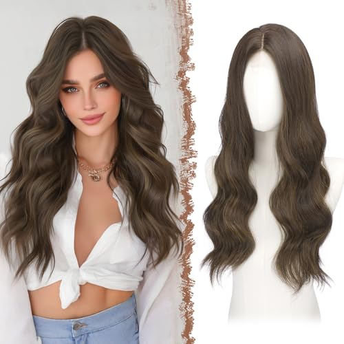 FESHFEN Perücke Braun für Damen Synthetik Lace Front Gewellt Perücken | 60 cm Lange Wellig Haarperücke Kunsthaar Natürlich Hitzebeständig Wig für Täglich Karneval Cosplay Party, Braun Strähnen